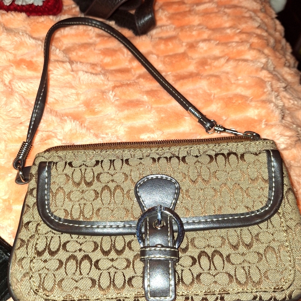 Coach Brown and Black Wristlet with Signature Monogram Euc